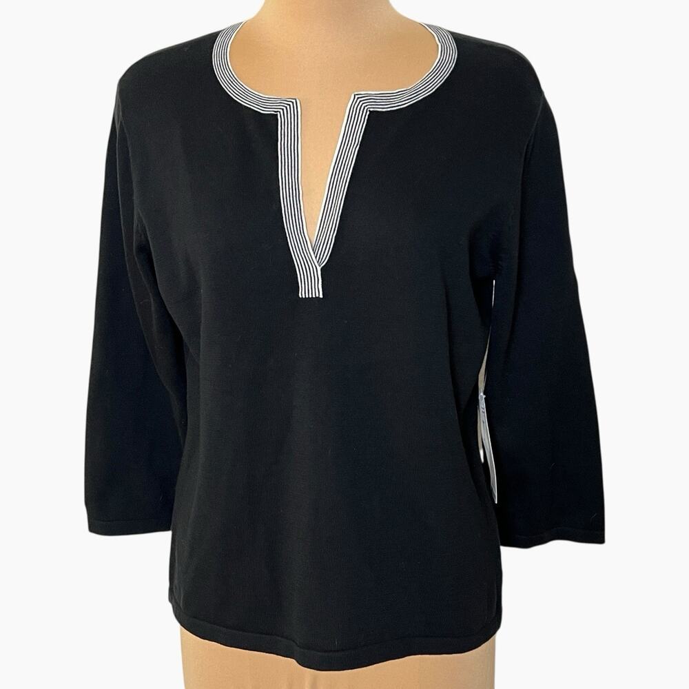 Lauren Ralph Lauren Knit Top Women Large Black Split Neck Contrast Trim Pull On